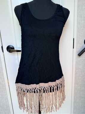 Black Tank Top with Beige Fringe Hem